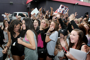 Justin Bieber fever outside TV3 studios in Eden Terrace. Hoards of screaming teenage girls wait for Justin to make an appearance. Photo / Natalie Slade