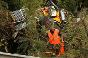 A 61-year-old truck driver from Te Awamutu died after his truck fell 20m down a bank. Photo / Alan Gibson