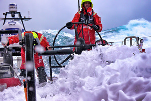 Stuart Bannatyne and Adam Minoprio on watch as CAMPER pass into the 'furious fifties' on their way South to Cape Horn during leg 5 of the Volvo Ocean Race. Photo / Hamish Hooper
