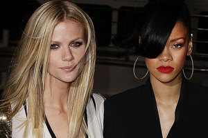 Rihanna and Brooklyn Decker arrive at the Battleship Australian premiere at Luna Park.