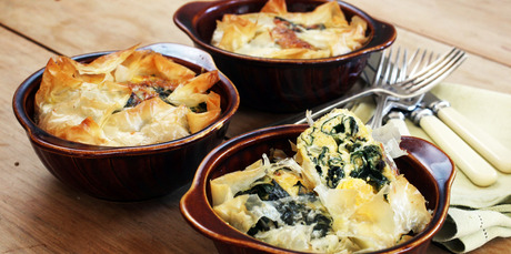 Eggs and silverbeet pie can be made as six individual servings or as one big family sized pie. Photo / Janna Dixon