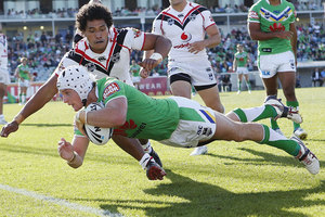 Jarrod Croker of the Raiders scores a try during the round six NRL match between the Canberra Raiders and the New Zealand Warriors. Photo / Getty Images.