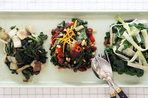 Three ways with silverbeet: sauteed with currants, orange and chilli; with leek. Photo / Janna Dixon
