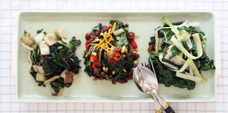 Three ways with silverbeet: sauteed with currants, orange and chilli; with leek. Photo / Janna Dixon