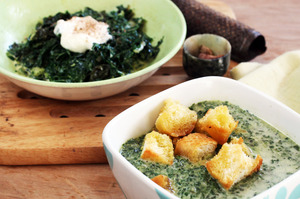 Silverbeet is a versatile veg and is shown here creamed with nutmeg and served in a soup with garlic croutons. Photo / Janna Dixon