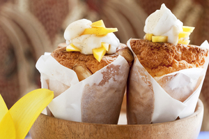 Coconut ginger sponge with mango. Photo / Babiche Martens