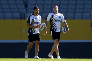 Kiwis captain Benji Marshall, left, with Shaun Kenny-Dowall during the captain's run at Eden Park yesterday. Photo / Brett Phibbs