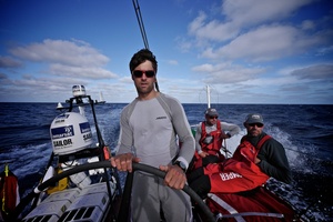 Daryl Wislang driving onboard CAMPER with Emirates Team New Zealand during leg 5 of the Volvo Ocean Race 2011-12, from Auckland, New Zealand to Itajai, Brazil. Photo / Hamish Cooper