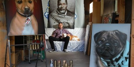 Mr G, Graham Hoete with his dog Honey and dog portraits. Photo / John Borren.