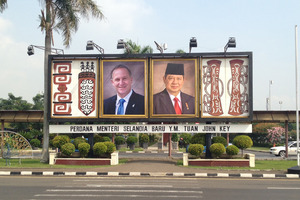 John Key appears on a billboard in Jakarta marking his trade visit to Indonesia. Photo / Supplied