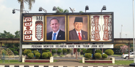 John Key appears on a billboard in Jakarta marking his trade visit to Indonesia. Photo / Supplied