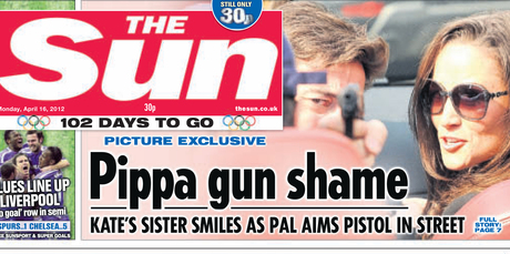 Front page of The Sun carrying the story about Pippa Middleton's 'gun shame'. Photo / Supplied