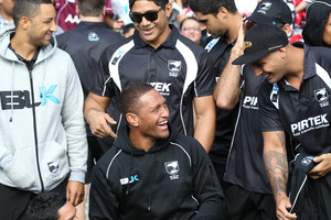 Manu Vatuvei is the centre of attention from Benji Marshall (left) and Jeremy Smith (right) during the Kiwis and Kangaroos Fan Day at Eden Park yesterday. Photo / Brett Phibbs