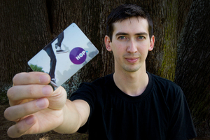 Auckland university student James Parcell with his HOP bus card. Photo / Sarah Ivey