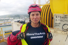 Lucy Lawless during the protest at the Port of Taranaki. Photo / Greenpeace 