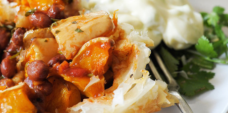 Butternut and chilli bean filo pies. Photo / Jason Dorday