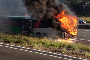 The Go Bus caught fire on Auckland's Northwestern motorway. Photo / Simon Nash