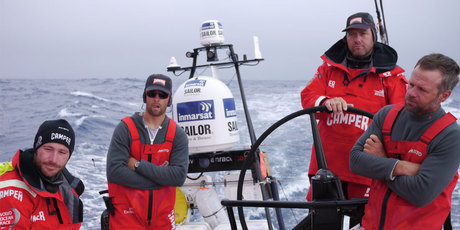 Adam Minoprio, Daryl Wislang, Tony Rae, Chris Nicholson onboard CAMPER with Emirates Team New Zealand. Photo / Hamish Hooper