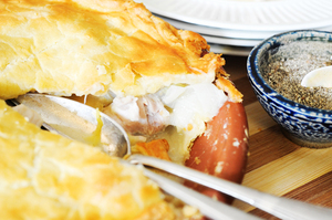 Chicken, leek and roasted pear pie. Photo / Jason Dorday