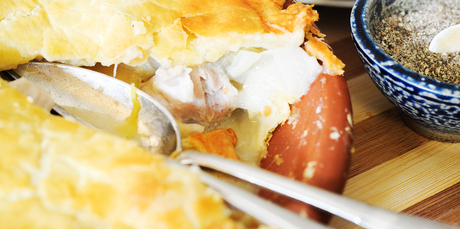 Chicken, leek and roasted pear pie. Photo / Jason Dorday