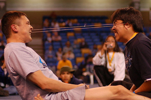 Two men compete in the ear-pulling competition at the World Eskimo-Indian Olympics. Photo / Creative Commons image by Wikimedia user Andrew Otto