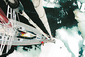 Climbing to the top of the mast of the Pelagic Australis is not for the faint-hearted but is one of the best ways to navigate through the Arctic's ice floes. Photo / Barrie Everard