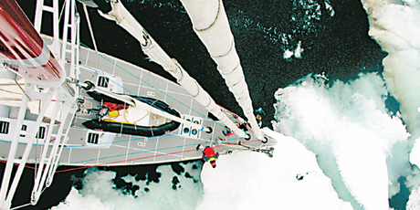 Climbing to the top of the mast of the Pelagic Australis is not for the faint-hearted but is one of the best ways to navigate through the Arctic's ice floes. Photo / Barrie Everard
