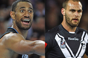 Mika Vukona of the Breakers and Simon Mannering of the Kiwis. Photo / Getty Images