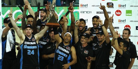 The Breakers celebrate winning their second straight Australian NBL title. Photo / Getty Images