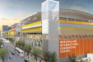 An artist's impression of the proposed convention centre, looking south down Hobson St.