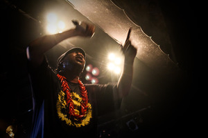 KRS comes bouncing on stage dressed in black, wearing a red ulafala necklace, a fitting adornment for someone with such huge mana. Photo / Milana Radojcic