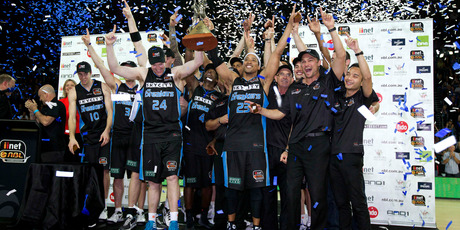 The Breakers celebrate after their win against the Wildcats at Vector Arena in Auckland. Photo / Sarah Ivey
