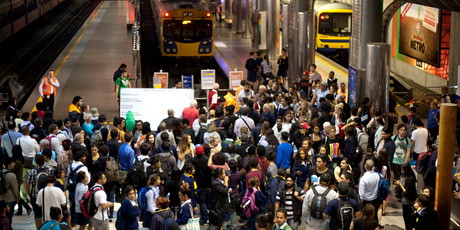 Passengers stranded at the Britomart station yesterday afternoon after a fault in Wellington shut down Auckland's entire rail network. Photo / Dean Purcell