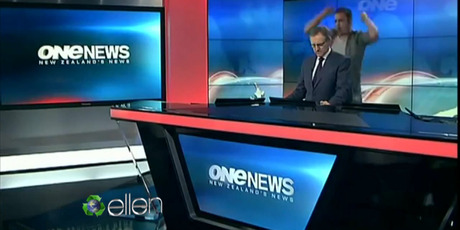 Peter Williams maintains a convincingly serious posture while Matai Smith dances. Photo / YouTube