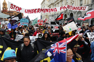 The hikoi moved slowly up Auckland's Queen Street yesterday on its two-week trip from Cape Reinga to Wellington. Photo / Doug Sherring