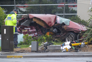 The mangled wreck of Fitzpatrick's car after the crash. Photo / Jason Dorday