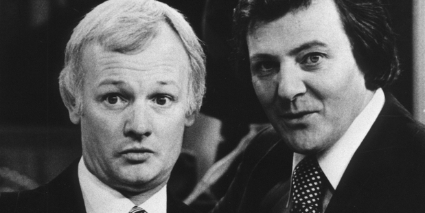 John Inman and Trevor Bannister in a scene from television programme - Are You Being Served? Photo / Supplied