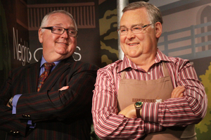 Actor Ian Smith (right) poses for photographs with his wax figure in the character of Harold Bishop from 'Neighbours' at Madame Tussauds in Sydney. Photo / AAP