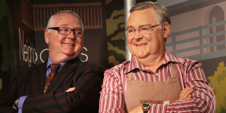 Actor Ian Smith (right) poses for photographs with his wax figure in the character of Harold Bishop from 'Neighbours' at Madame Tussauds in Sydney. Photo / AAP