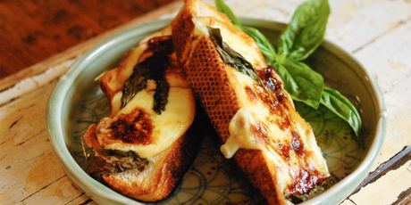 Smoked mozzarella, balsamic and basil grilled toasted sandwich. Photo / Jason Dorday