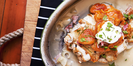 Chicken, apricot and bacon with garlic and yoghurt. Photo / Babiche Martens