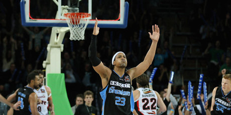 CJ Bruton of the Breakers celebrates a three pointer during game three of the NBL Grand Final series between the New Zealand Breakers and the Perth Wildcats. Photo / Getty Images