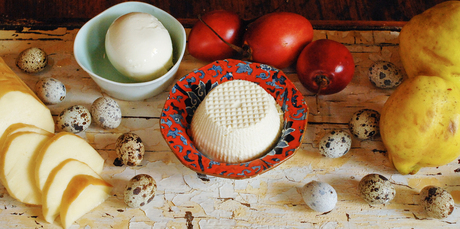 A selection of ingredients: Quince, quail eggs, tamarillos, ricotta, fresh mozzarella and smoked mozzarella. Photo / Jason Dorday