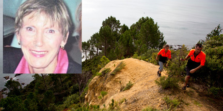 Searcher's look for Shirle Loft after she backed her car off a 280m bank on Black Jack Road near Kuaotunu. Photos / Supplied, Dean Purcell