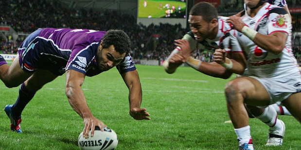 Justin O'Neill of the Storm scores a try during the round eight NRL match between the Melbourne Storm and the New Zealand Warriors. Photo / Getty Images.