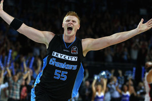 Gary Wilkinson of the Breakers celebrates on full time during game three of the NBL Grand Final series between the New Zealand Breakers and the Perth Wildcats. Photo / Phil Walter.