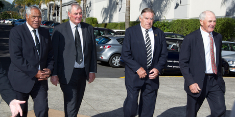 Pallbearers Waka Nathan, Sir Brian Lochore, Sir Colin Meads and Ian Kirkpatrick, following the funeral service for former All Black Sir Fred Allen at Eden Park. Photo / Brett Phibbs