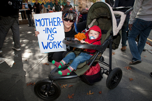 Grandmother Jacqueyne Taylor attended a rally to support increasing paid parental leave. Photo / Greg Bowker