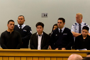 The scene in the High Court at Auckland yesterday as members of a multi-million dollar drug ring are sentenced to terms of up to 17 years in jail. Photo / Brett Phibbs