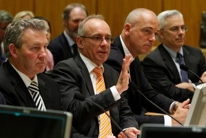 Fonterra chairman Sir Henry van der Heyden, flanked by director John Monaghan (left) and chief executive Theo Spierings. Photo / Mark Mitchell